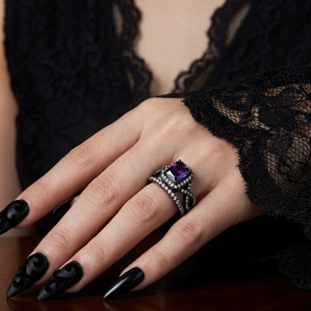 NEW Gothic Engagement Wedding Ring Set Sz 9 14K Black Gold Plated Bride Glam